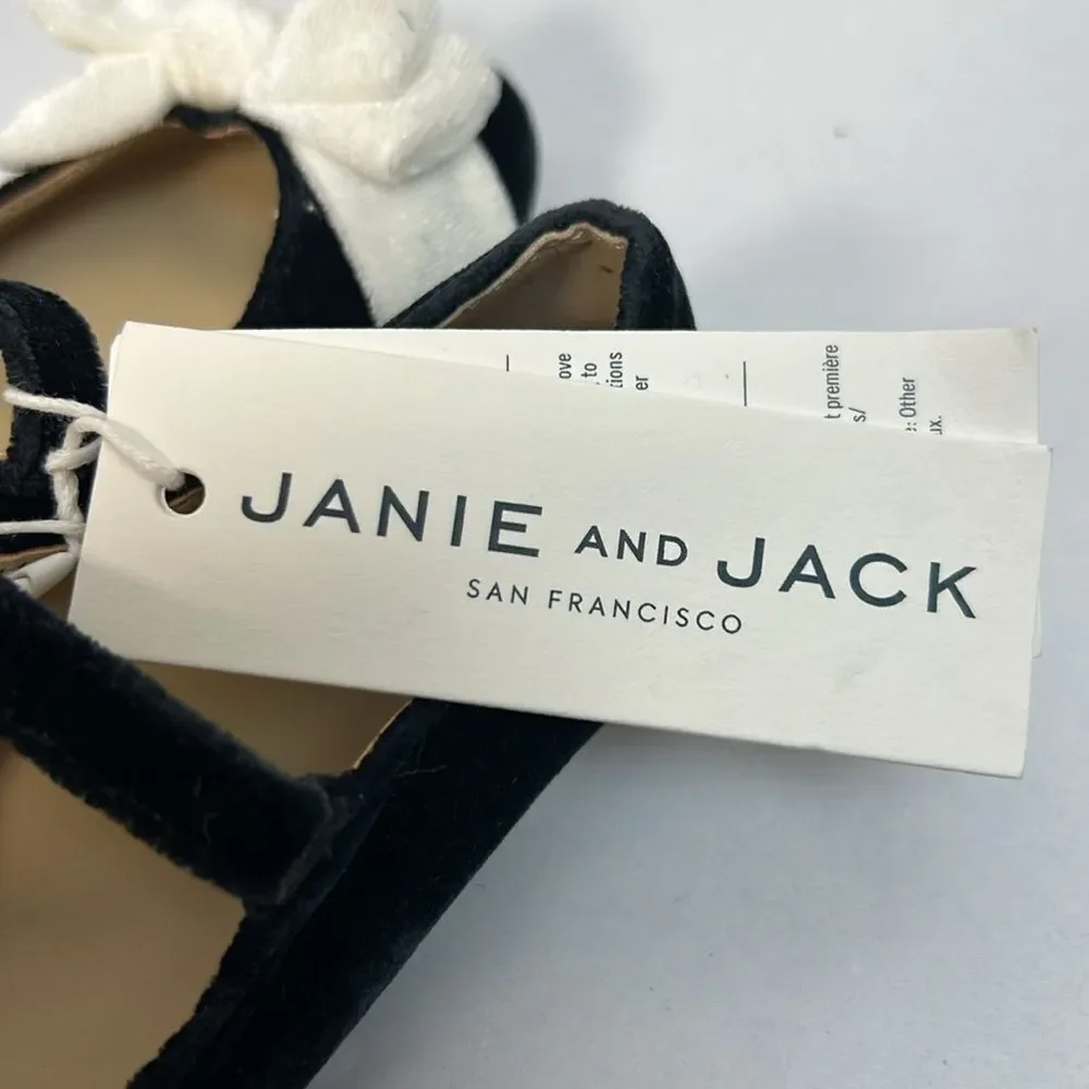 Janie and Jack 100048102 Velvet Bow Ballet Flat Black White Mary Jane NWT